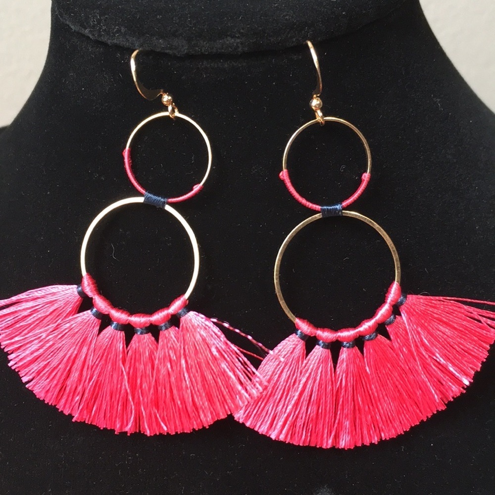 New Drop Tassel Earrings fuchsia Boho Gold Circle & Barbie Pink,​ boutique hook